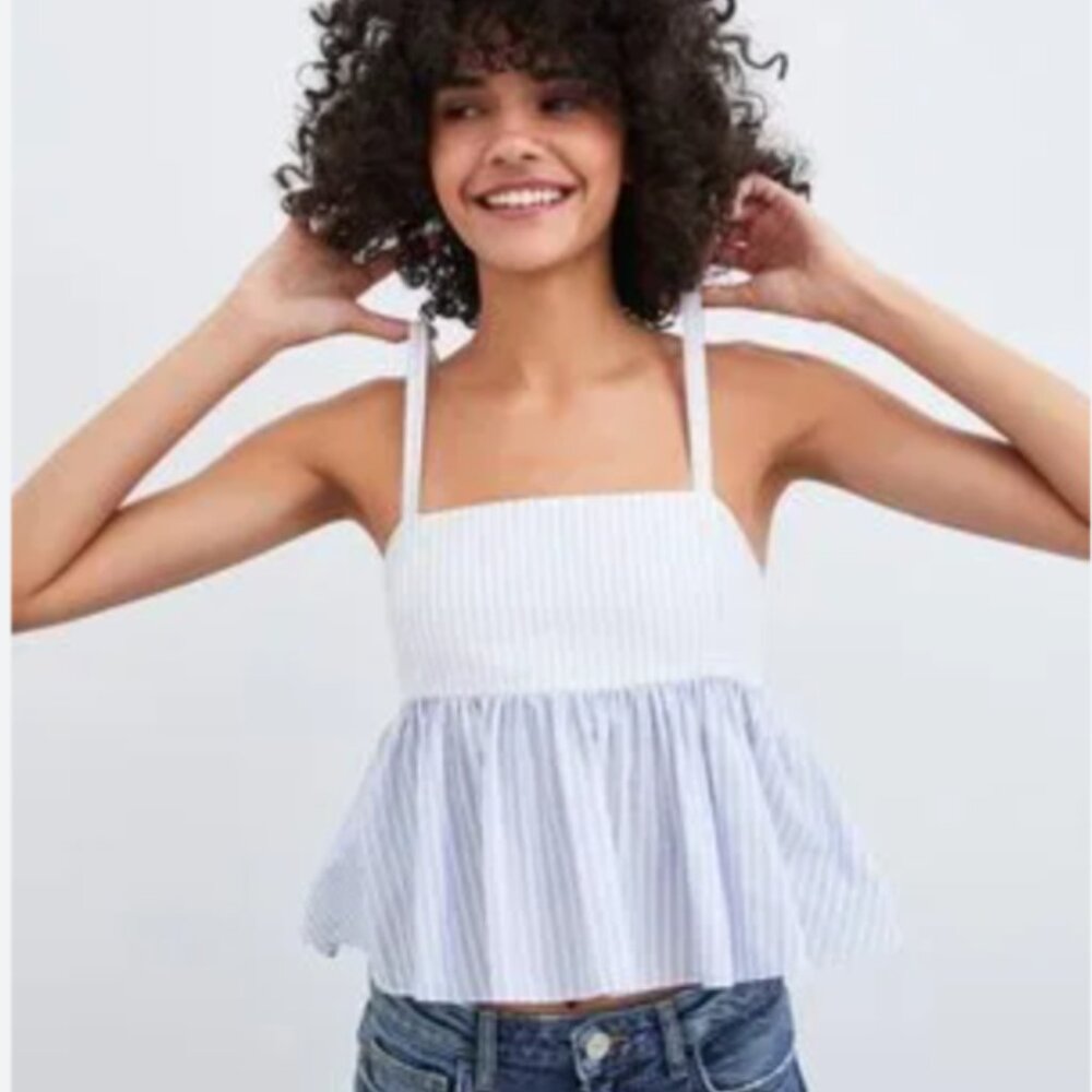 New Zara Blue and White Striped Open-Back Cropped Tank Top
